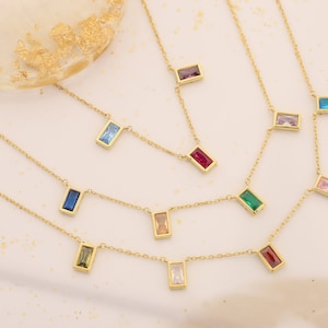 Colorful Rectangle Shape Personalized Family Birthstone Necklace, Crystal Necklace, Gold Birthstone Necklace, Mom Gift, Mother's Day Gift,