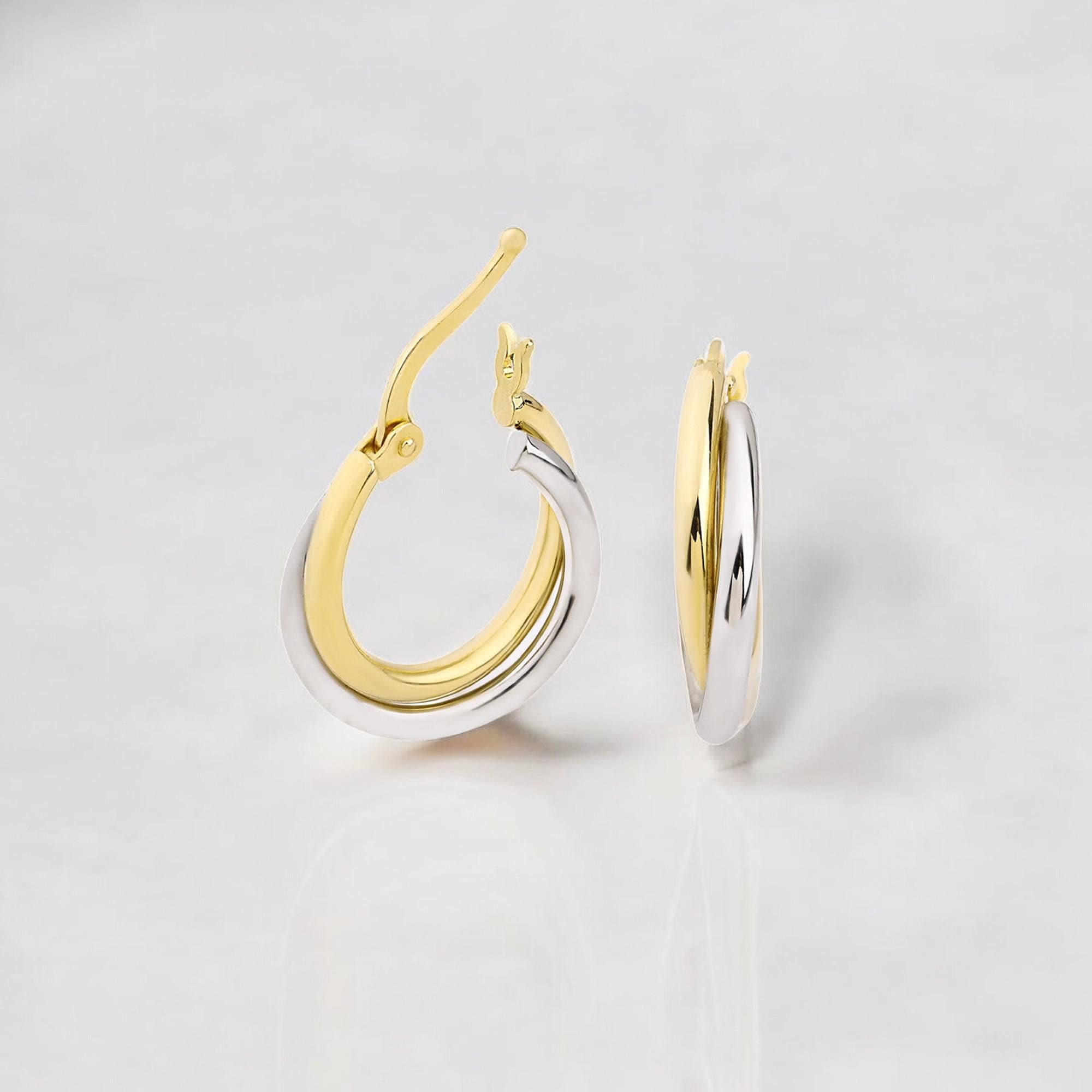 14K Two-Tone Gold and Silver Small Hoop Earrings, Minimalist Hypoallergenic Jewelry for Women, Elegant Everyday Accessory