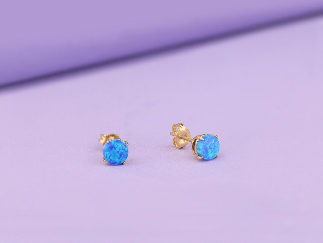 Round Cut Blue Diamond Earrings in 14K Gold, Stud Earrings for Women