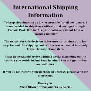 May include: International Shipping Information text on a light purple and light green background. The text explains that the seller ships items with normal postage through Canada Post and that packages will not have a tracking number. The text also explains that the seller chose this method to keep shipping costs low for customers.