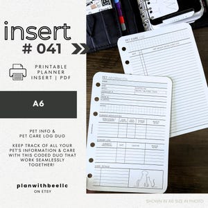 041 | ペット情報＆ペットケアログDUO | CODED Pet Care | 印刷可能なプランナー挿入物 | A6 | Plan With Bee | すぐにダウンロード