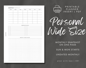 001 | Monthly Snapshot | Undated MO1P V1 | Sun & Mon Starts | Printable Planner Insert | PERSONAL WIDE | Plan With Bee | Instant Download