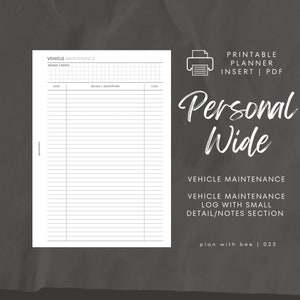 023 | Vehicle Maintenance | Printable Planner Insert | PERSONAL WIDE | Plan With Bee | Instant Download