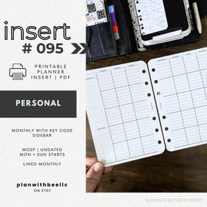 095 | MO2P w/ Key Code Sidebar | Undated Monthly | Sun & Mon Starts | Printable Planner Insert | PERSONAL | Plan With Bee | Instant Download
