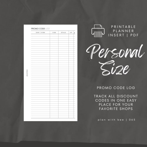065 Promo Code Log Printable Planner Insert PERSONAL Etsy