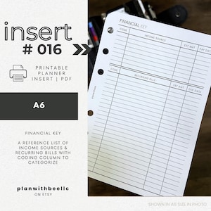 016 | Financial Key | Coded Finances | Recurring Bills & Income | Printable Planner Insert | A6 | Plan With Bee | Instant Download