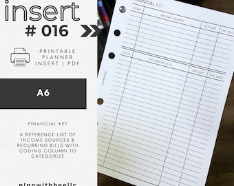 016 | Financial Key | Coded Finances | Recurring Bills & Income | Printable Planner Insert | A6 | Plan With Bee | Instant Download