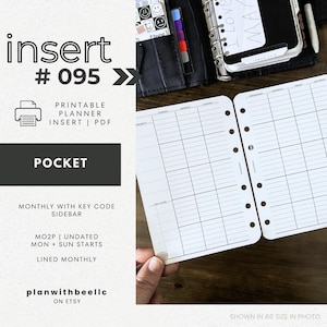 095 / MO2P con barra laterale del codice chiave / Mensile non datato / Inizio domenica e lunedì / Inserto per planner stampabile / TASCA / Pianifica con ape / Download immediato