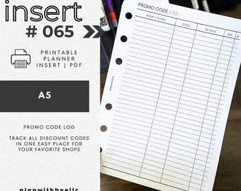065 | Promo Code Log | Printable Planner Insert | A5 | Plan With Bee | Instant Download