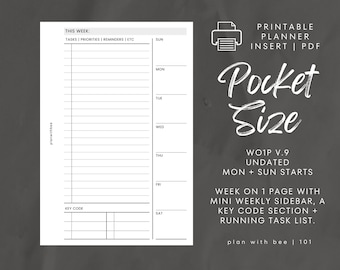 101 | WO1P w/ Mini Weekly Sidebar + Key Code | Undated | Sun + Mon Starts | Printable Insert | POCKET | Plan With Bee | Instant Download