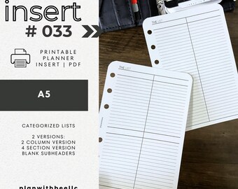 033 | Listes catégorisées | Listes multi-usages | Encart d'agenda imprimable | A5 | Planifiez avec Bee | Téléchargement instantané