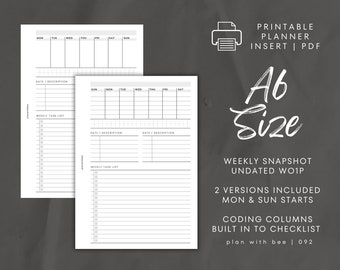 092 | Weekly Snapshot | Undated WO1P | Sun & Mon Starts | Printable Planner Insert | A6 | Plan With Bee | Instant Download