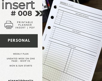 008 | Weekly Plan | Week On One Page | Undated WO1P | Printable Planner Insert | PERSONAL | Plan With Bee | Instant Download