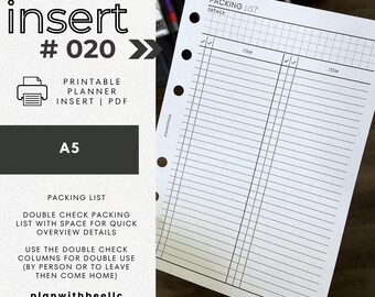 020 | Liste de colisage | Double vérification de la liste de colisage | Encart d'agenda imprimable | A5 | Planifiez avec Bee | Téléchargement instantané