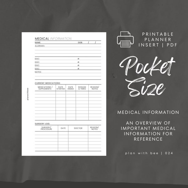 024 | Medical Information Overview | Printable Planner Insert | POCKET | Plan With Bee | Instant Download