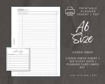043 | Coded Inbox System | Coded Inbox Insert + Printable Sticky Note Key | Printable Planner Insert | A6 | Plan With Bee | Instant Download