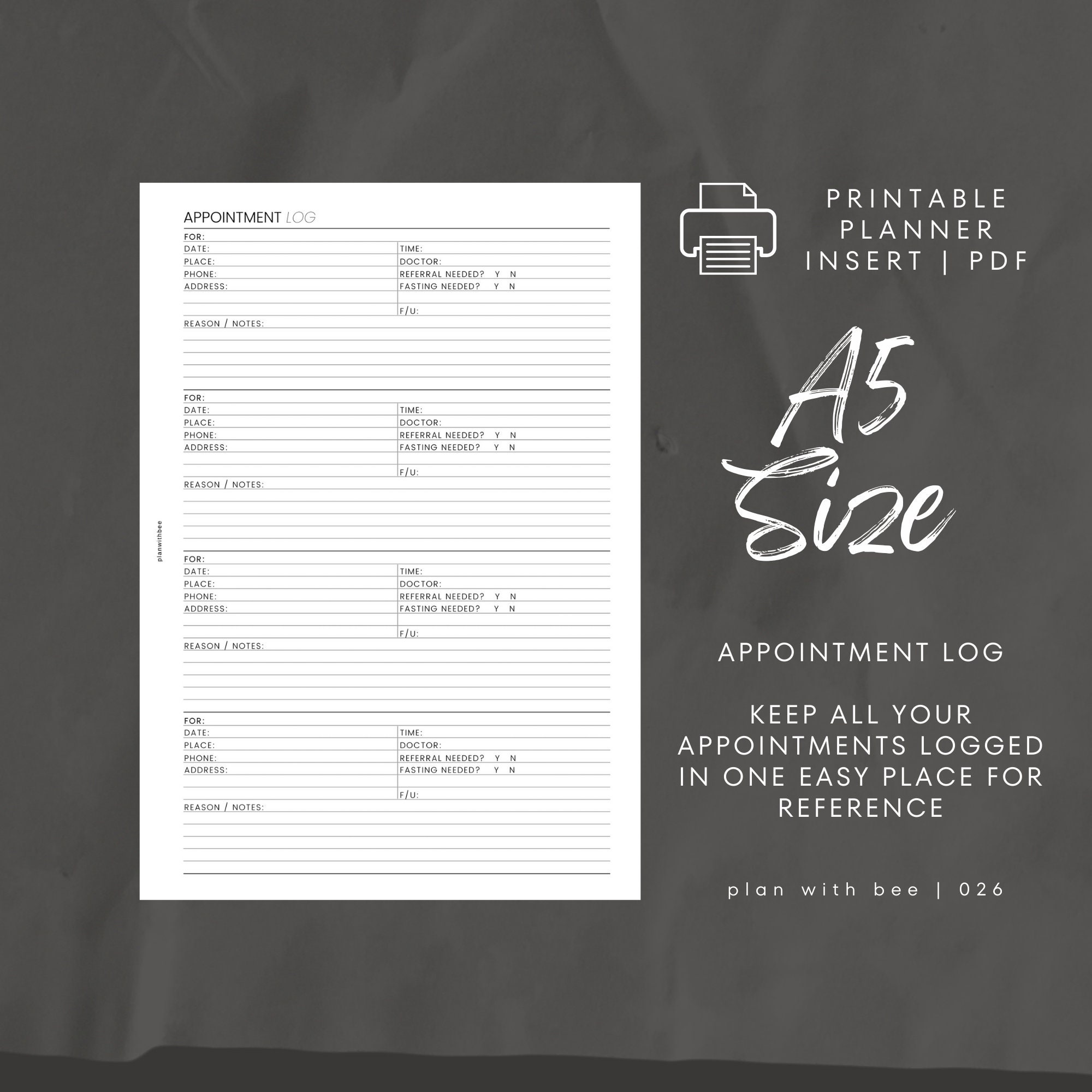 026 | Appointment Log | Printable Planner Insert | A5 | Plan With Bee ...