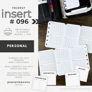 096 | 12-Month Tri-Foldout UNDATED | Printable Planner Insert | Key Code Printable Sticky Note | PERSONAL | Plan With Bee | Instant Download