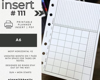111 | MO1P | Horizontal v2 | Undated | Printable Planner Insert | A6 | Plan With Bee | Instant Download