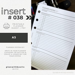 038 | プランナーシステムキー | 分類別プランナーシステムコーディング | 印刷可能なプランナーインサート | A5 | Plan With Bee | すぐにダウンロード
