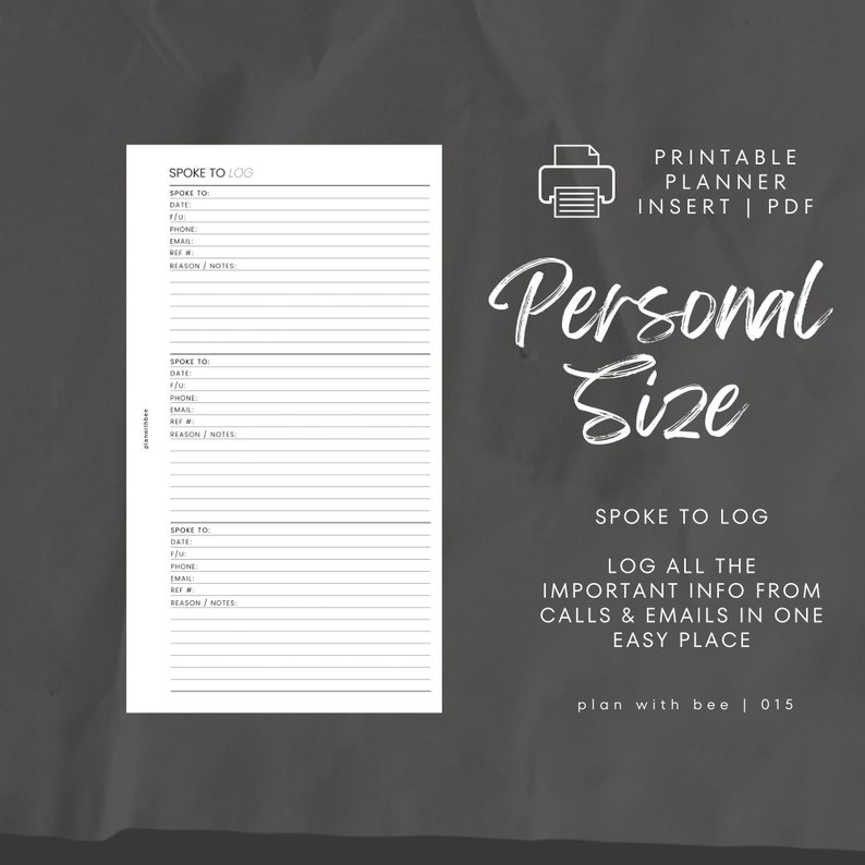 015 | Spoke To Log | Printable Planner Insert | PERSONAL | Plan With Bee | Instant Download image 2