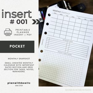 001 | 月間スナップショット | 日付なし MO1P V1 | 日曜日と月曜日開始 | 印刷可能なプランナー挿入 | ポケット | Plan With Bee | すぐにダウンロード