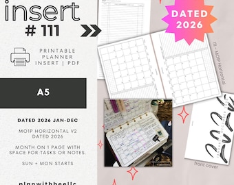 111 | DATED 2026 MO1P Horizontal | Jan-Dec | Sun & Mon Starts | Printable Planner Insert | A5 | Plan With Bee | Instant Download