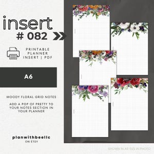 082 | Moody Floral Grid Notes | Grid Notes Pages With Floral | Printable Planner Insert | A6 | Plan With Bee | Instant Download