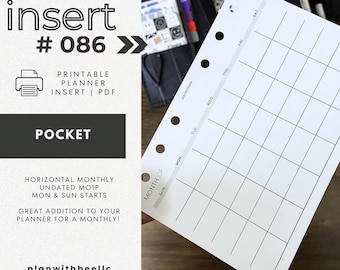 086 | Horizontal Monthly | Undated MO1P | Mon & Sun Starts | Printable Planner Insert | POCKET | Plan With Bee | Instant Download