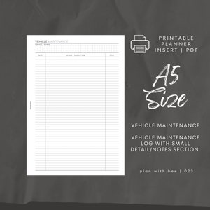 023 | Vehicle Maintenance | Printable Planner Insert | A5 | Plan With Bee | Instant Download