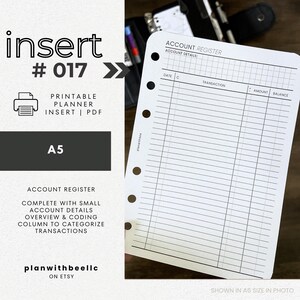 017 | アカウント台帳 | コード付き/詳細アカウント台帳 | 印刷可能なプランナー挿入物 | A5 | Plan With Bee | すぐにダウンロード
