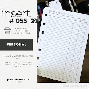 055 | Shows & Movies Log | Printable Planner Insert | PERSONAL | Plan With Bee | Instant Download