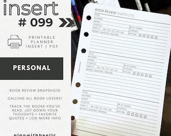099 | Instantanés de critiques de livres | Encart d'agenda imprimable | PERSONNEL | Planifiez avec Bee | Téléchargement instantané