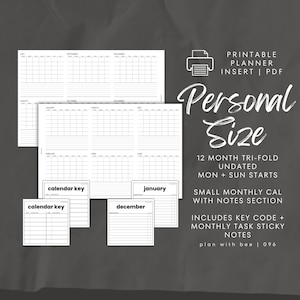 096 | 12-Month Tri-Foldout UNDATED | Printable Planner Insert | Key Code Printable Sticky Note | PERSONAL | Plan With Bee | Instant Download