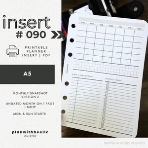 090 | 月間スナップショット バージョン 2 | 日付なし MO1P | 日曜日と月曜日開始 | 印刷可能なプランナー挿入 | A5 | Plan With Bee | すぐにダウンロード