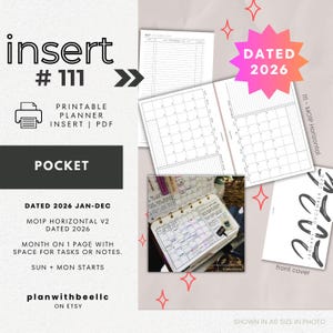 111 | DATED 2026 MO1P Horizontal | Jan-Dec | Sun & Mon Starts | Printable Planner Insert | POCKET | Plan With Bee | Instant Download