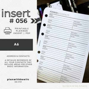 056 | Address &Contacts | Printable Planner Insert | A6 | Plan With Bee | Instant Download