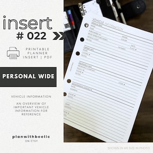 022 | Vehicle Information Overview | Printable Planner Insert | PERSONAL WIDE | Plan With Bee | Instant Download