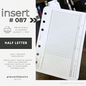 087 | カテゴリーとキーコードバー付きデイリートラッカー | 印刷可能なプランナーインサート | ハーフレター | Plan With Bee | すぐにダウンロード