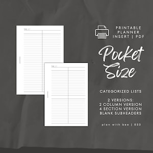 033 | Categorized Lists | Multi Use Lists | Printable Planner Insert | POCKET | Plan With Bee | Instant Download