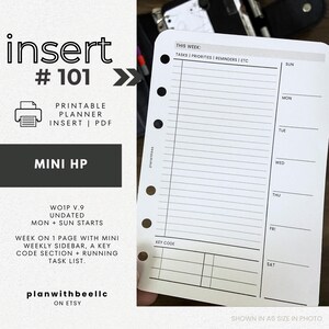 101 | WO1P w/ Mini Weekly Sidebar + Key Code | Undated | Sun + Mon Starts | Printable Insert | MINI HP | Plan With Bee | Instant Download