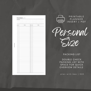020 / Lista di imballaggio / Controlla due volte la lista di imballaggio / Inserto stampabile per il planner / PERSONALE / Pianifica con Bee / Download immediato