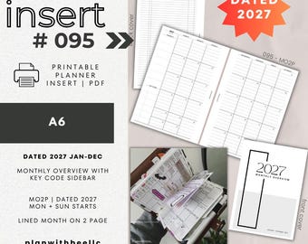 095 | DATED 2027 MO2P | Monthly Overview | Jan-Dec | Sun & Mon Starts | Printable Planner Insert | A6 | Plan With Bee| Instant Download
