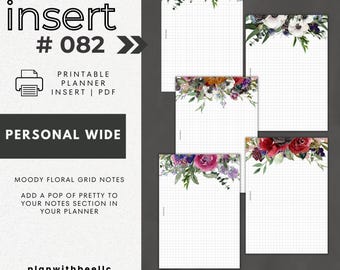 082 | Moody Floral Grid Notes | Grid Notes Pages With Floral | Printable Planner Insert | PERSONAL WIDE | Plan With Bee | Instant Download