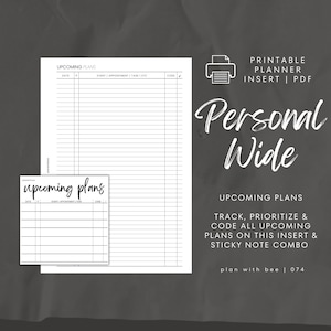 074 | Upcoming Plans Insert & Sticky Note | Printable Insert | Printable Sticky Note | PERSONAL WIDE | Plan With Bee | Instant Download