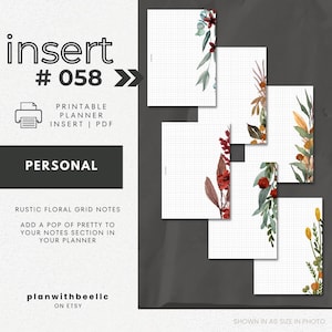 058 / Notas de cuadrícula con motivos florales rústicos / Páginas de notas de cuadrícula con motivos florales / Inserto de planificador imprimible / PERSONAL / Planificador con abeja / Descarga instantánea