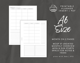 012 | Month On 2 Pages | MO2P Undated | Mon & Sun Starts | Printable Planner Insert | A6 | Plan With Bee | Instant Download