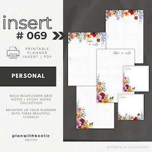 069 / Paquete de notas con flores silvestres en negrita / Notas de cuadrícula y notas adhesivas / Inserto de planificador imprimible / PERSONAL / Planifica con abeja / Descarga instantánea