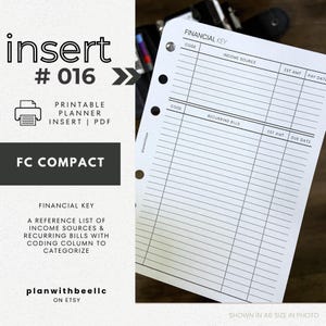 016 | 財務キー | コード化された財務 | 定期的な請求書と収入 | 印刷可能なプランナー挿入 | FCC | Beeで計画 | すぐにダウンロード