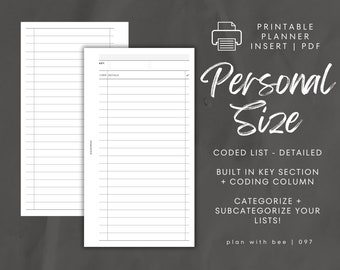 097 | Coded List Detailed | Key Section + Coding Column | Categorized List | Printable Insert | PERSONAL | Plan With Bee | Instant Download
